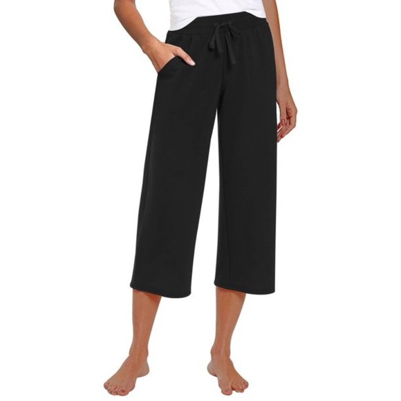 Women's Drawstring Loose Causal Lounge Pants Capri Yoga Pants Wide Leg - Picture 5 of 7